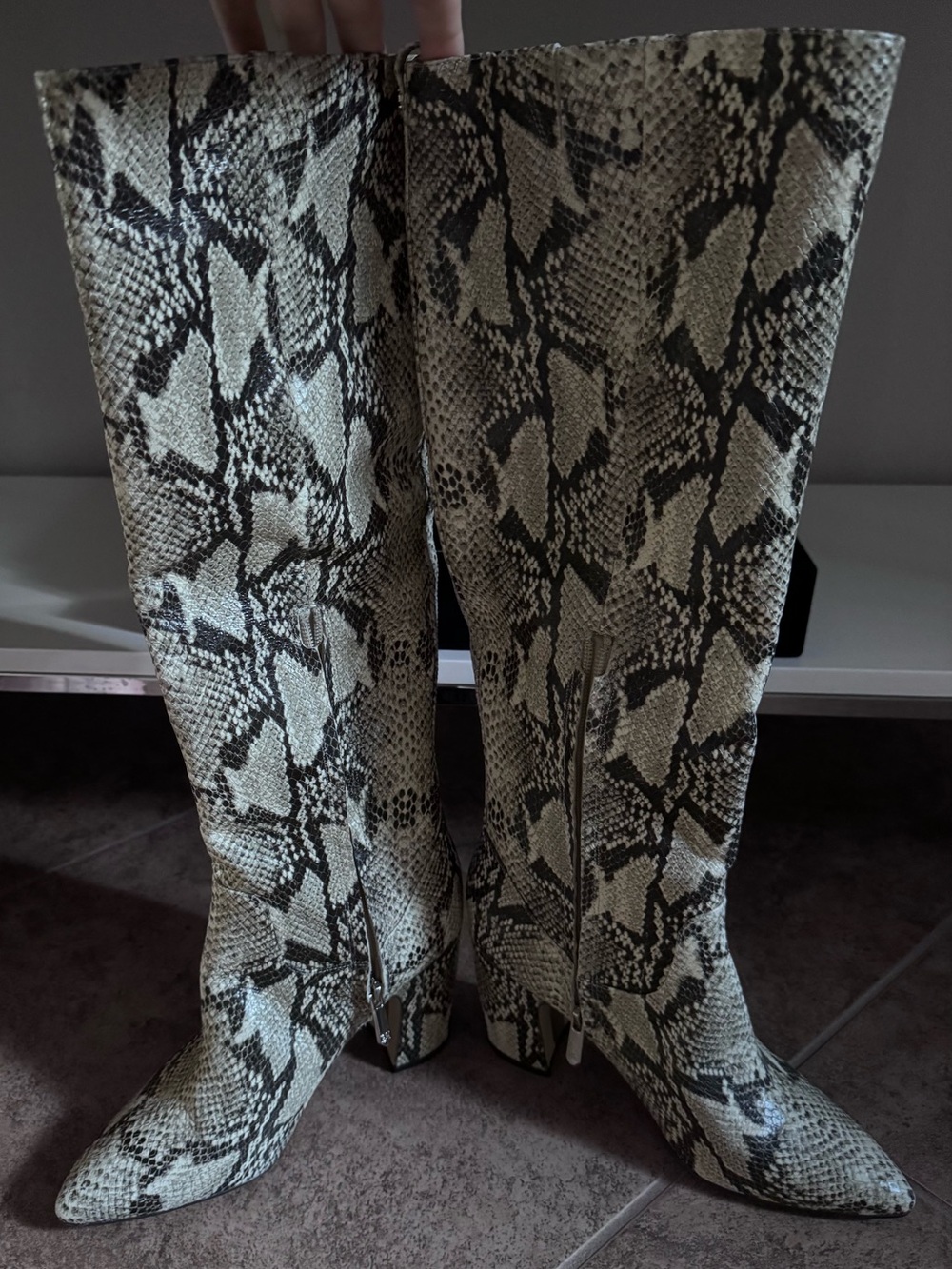 Sam Edelman Snake-Print Knee High Boots in Beige/Black - Size 7